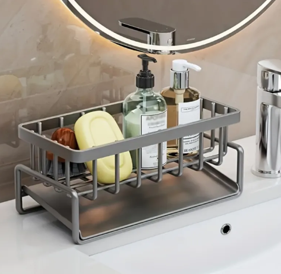 Stainless Steel Sink Organizer Rack – Sponge Holder & Dishcloth Drainer in Black