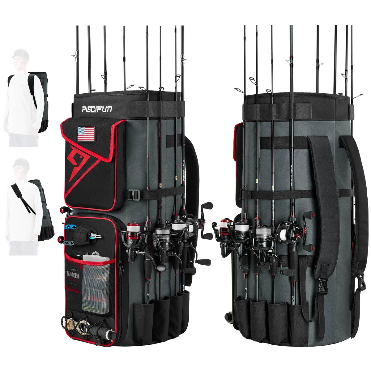 Piscifun Fishing Rod Bag – 70L Large Foldable Rod & Reel Case | Holds 8 Rods & 6 Tackle Boxes | Water-Resistant 600D Oxford | Red