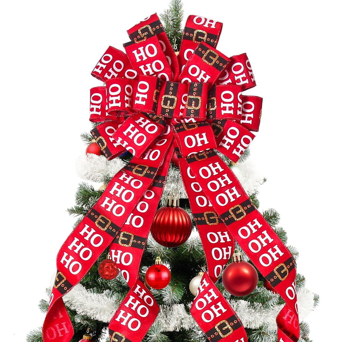 Christmas Tree Topper Christmas Wreath Bow 52 * 13 inches Tree Toppers Bow with HOHO Patterned Ribbon for Xmas Tree Christmas Rustic Farmhouse Home Holiday Party Decorations Red