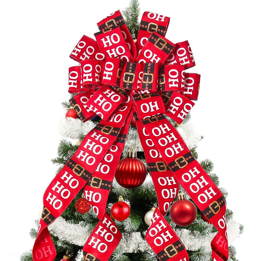 Christmas Tree Topper Christmas Wreath Bow 52 * 13 inches Tree Toppers Bow with HOHO Patterned Ribbon for Xmas Tree Christmas Rustic Farmhouse Home Holiday Party Decorations Red