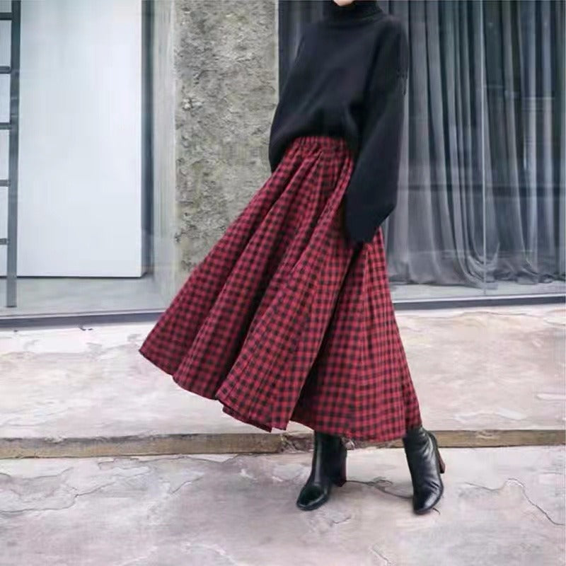 Women’s High Waist Plaid A-Line Long Skirt – Cotton, Figure-Flattering 85cm Length | Black & Red