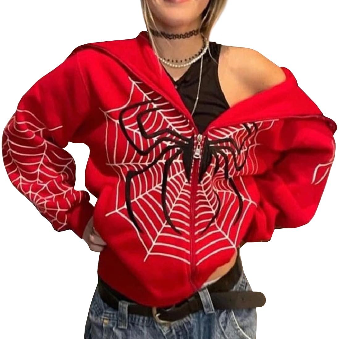 EMILYLE Women’s Y2K Halloween Zip-Up Hoodie – Oversized Harajuku Graphic Hooded Jacket | Long Sleeve Streetwear | Red