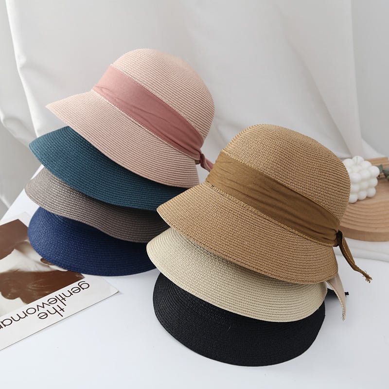 Women’s Ribbon Bow Bucket Sun Hat – Breathable Grass Fabric UV Sunshade Hat | 7 Colors | Size M (56–58cm)