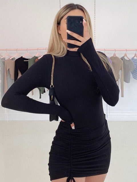 Women’s Ruched Turtleneck Bodycon Mini Dress – Flexible Form-Fitting Party Dress | S–XL | Black & Purple