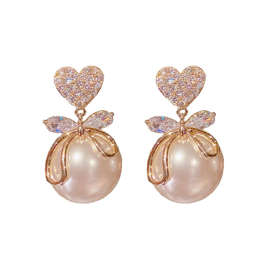 Pearl & Rhinestone Bow Earrings – Red Ball Pearl Bow Stud & Dangle Drop Earrings for Women | Holiday Gift Jewelry