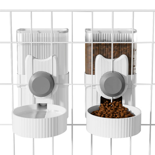 Hanging Cage Pet Feeder & Water Dispenser Set – 1L Gravity Auto Food & Water Bowl for Rabbits, Cats, Puppies, Ferrets & Small Pets | Grey