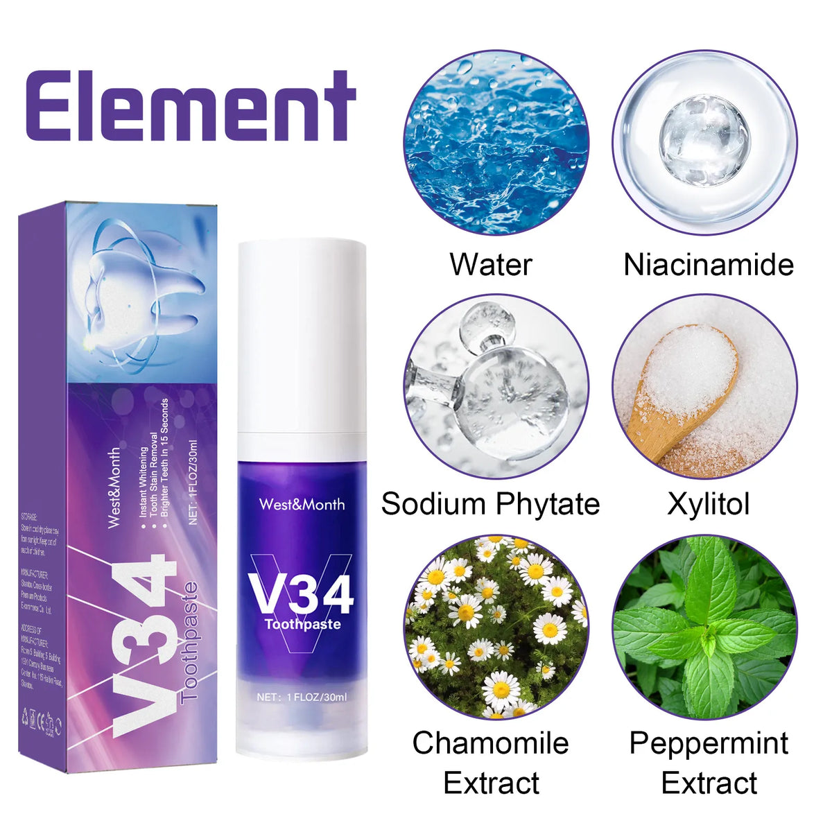 V34 Teeth Whitening Cleaning Mousse – Anti-Yellow, Gum Care & Fresh Breath Foam | 30ml | Solo or Set