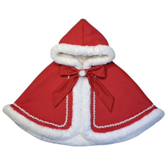 Girls’ Fleece-Lined Cape with Fur Collar – Thickened Winter Shawl Overcoat | Sizes 90–130 | Red