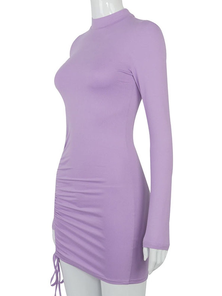 Women’s Ruched Turtleneck Bodycon Mini Dress – Flexible Form-Fitting Party Dress | S–XL | Black & Purple