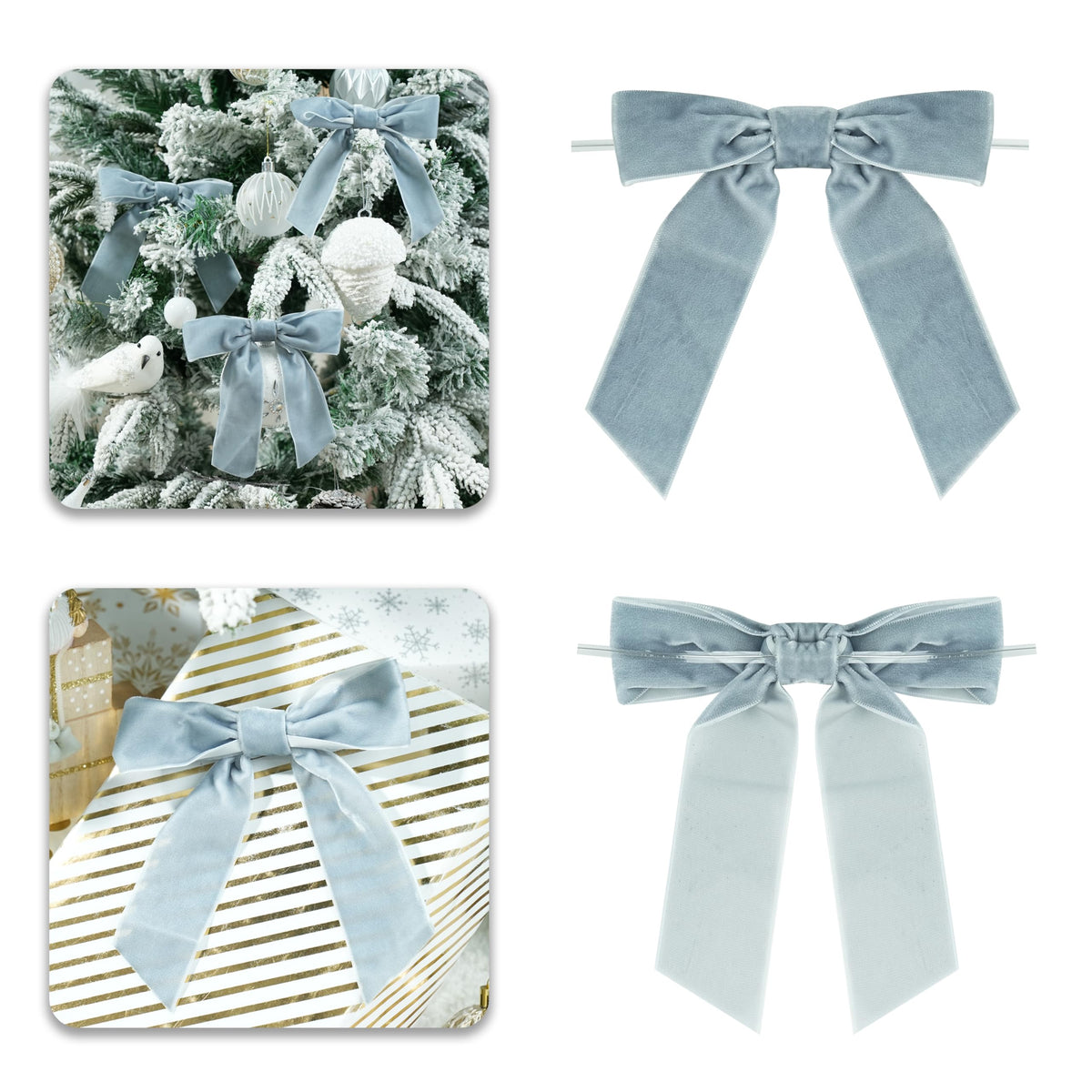 Dusty Blue Velvet Christmas Bows – Pack of 12 | 5 Inch Premade Handmade Bows for Christmas Tree, Wreaths, Gift Wrapping & Holiday Decor