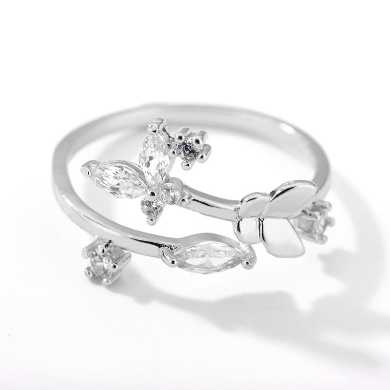 Fresh Flower Zircon Adjustable Ring – Gold & Platinum Copper Ring with Sparkling Zircon Inlay for Women