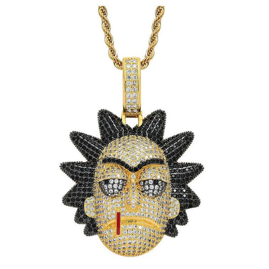 BOMJJOR Rick Pendant Rick N Morty Necklace Character Micro-encrusted Zircon Hip Hop Chain Necklace (Gold)