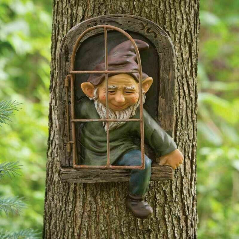 Garden Gnome Window Statue – Naughty Elf Tree Hugger Resin Figurine for Indoor & Outdoor Decor (Male or Female)