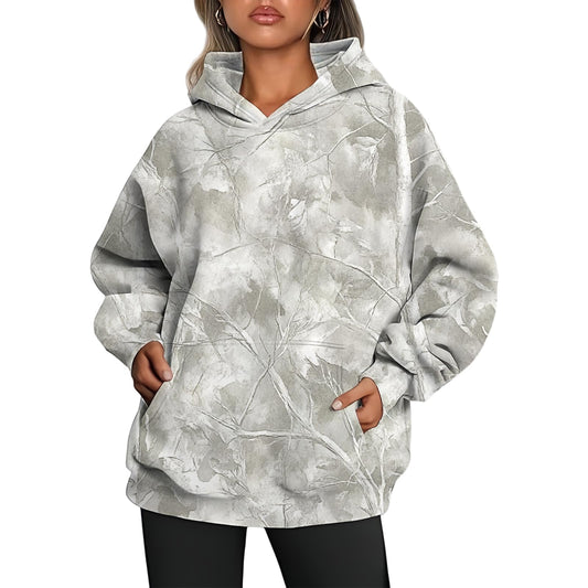 Women’s Oversized Maple Leaf Camo Pullover Hoodie – Color Block Hooded Sweatshirt | Trendy Fall & Winter Style | Multicolor