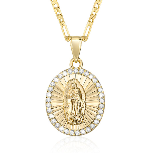 Hisatan 14K Gold Plated Virgen de Guadalupe Pendant Necklace – Cubic Zirconia Catholic Jewelry for Women | 18"+2" Chain