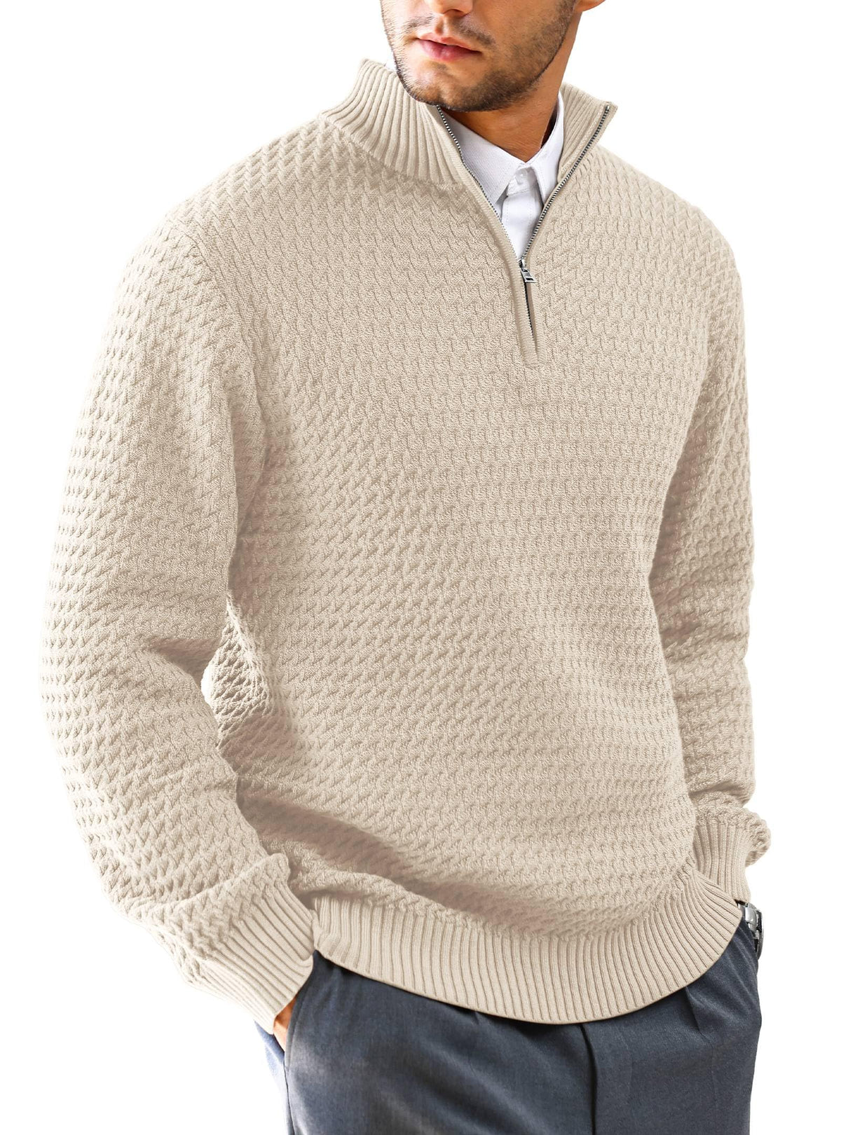 KAVIANA Men’s Quarter Zip Sweater – Mock Neck Ribbed Knit Cotton-Blend Pullover | Casual & Smart Layering | Khaki