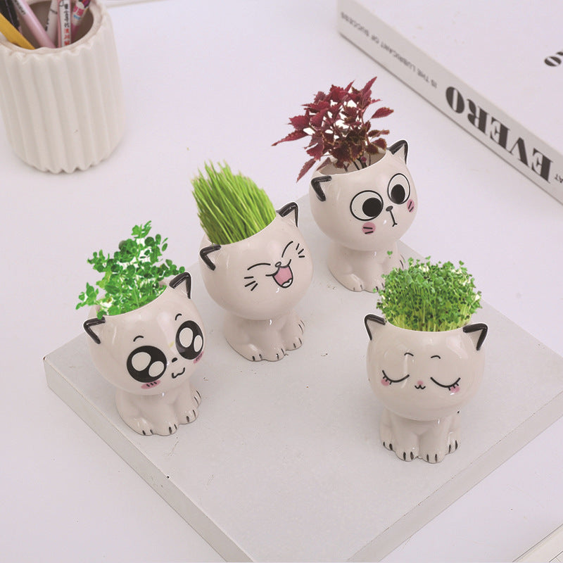 Mini Cat Shaped Ceramic Flowerpot for Desk Decor