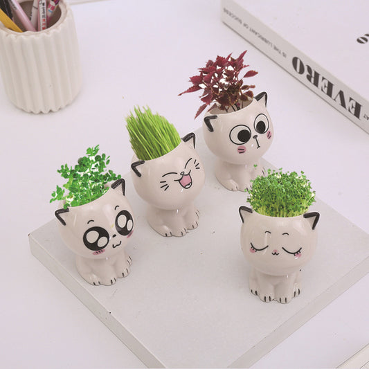 Mini Cat Shaped Ceramic Flowerpot for Desk Decor