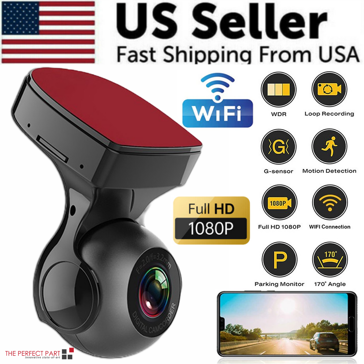 170° WiFi Dash Cam – HD 1080P Car DVR with G-Sensor, Night Vision & Loop Recording