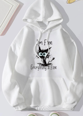 Cat Print Fleece-Lined Hoodie – Cozy Pullover Sweatshirt for Cat Lovers | S–3XL | White, Black, Gray & Apricot