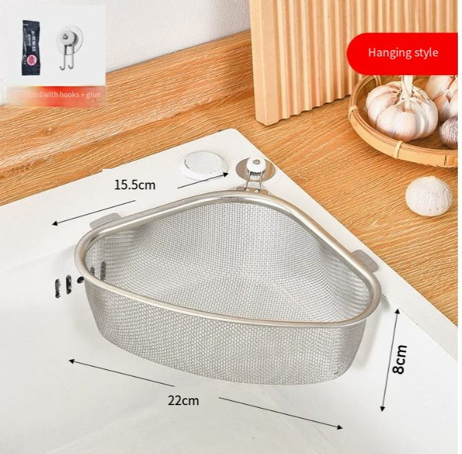Triangular Stainless Steel Sink Strainer Basket – Standing or Hanging