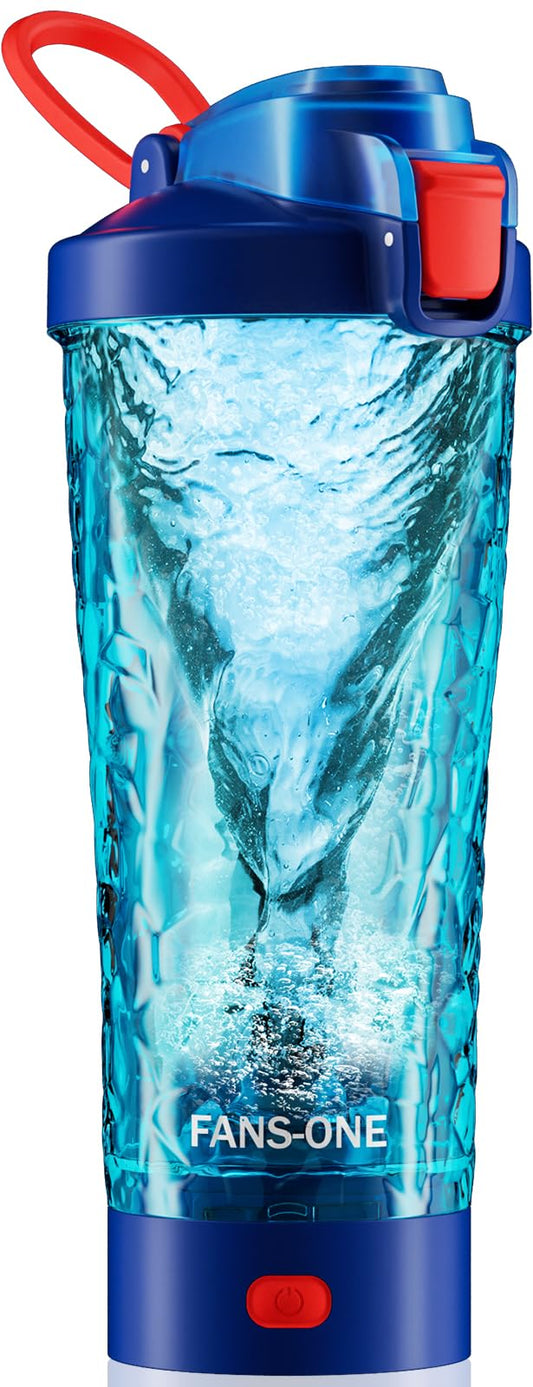 FANS-ONE Electric Protein Shaker Bottle 24oz – USB Rechargeable Blender Cup with One-Touch Mixing (Blue)