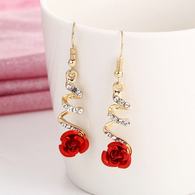 Korean Rose Flower Earrings – Elegant Alloy Floral Drop Earrings for Women | Red