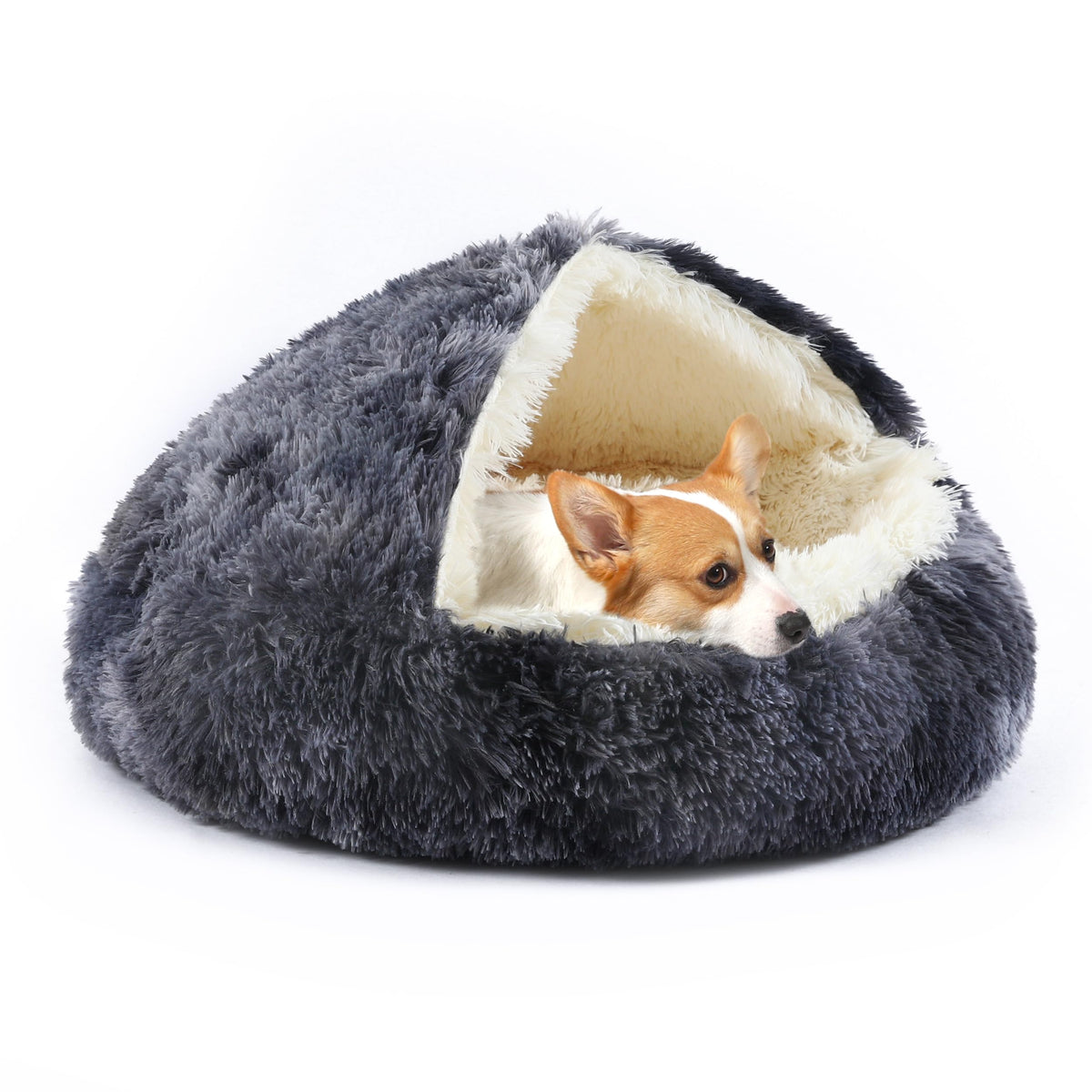 KITTYWOO 2-in-1 Hooded Cat Cave & Donut Pet Bed – Self-Warming Anti-Anxiety Plush Bed for Cats & Dogs | 27.5" | Dark Grey