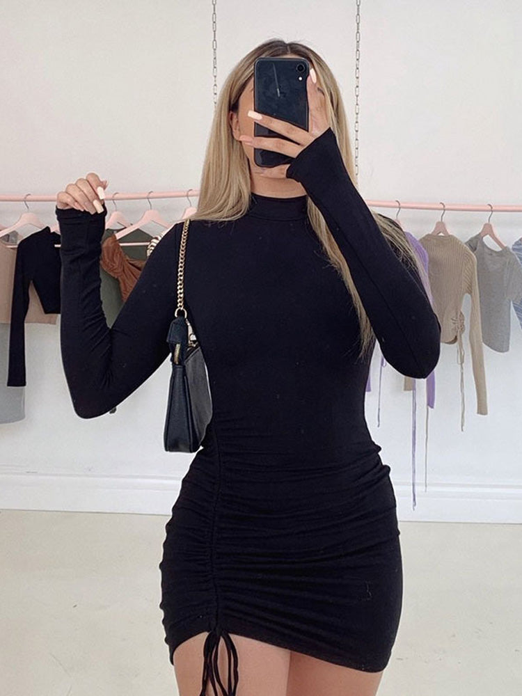 Women’s Ruched Turtleneck Bodycon Mini Dress – Flexible Form-Fitting Party Dress | S–XL | Black & Purple