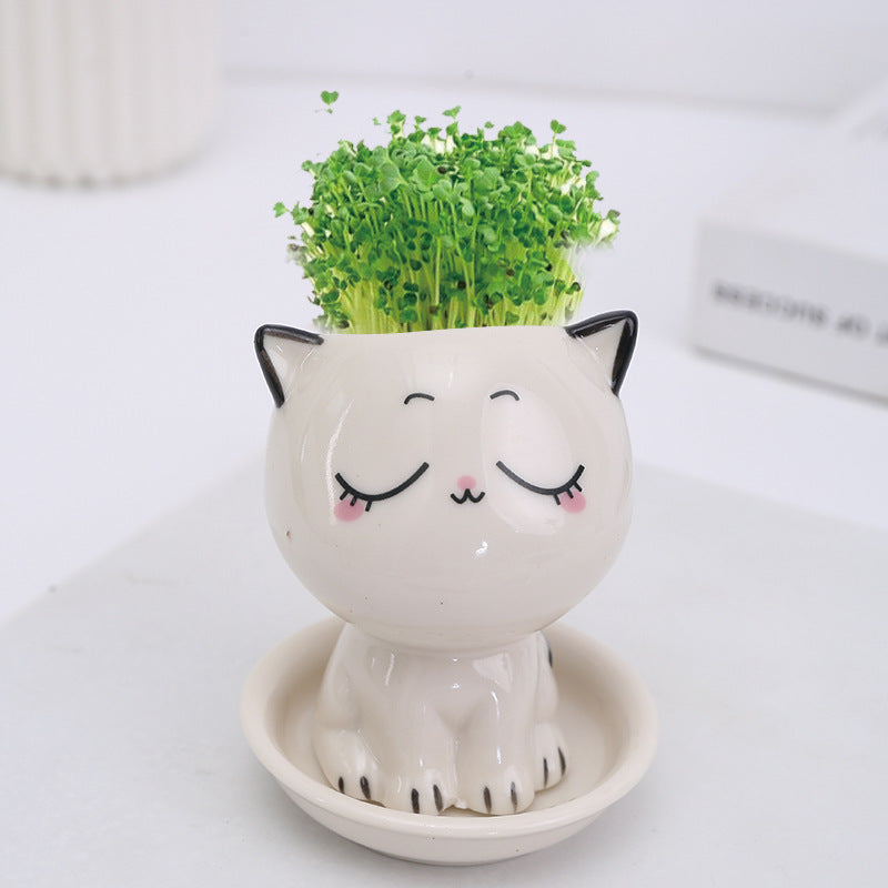 Mini Cat Shaped Ceramic Flowerpot for Desk Decor