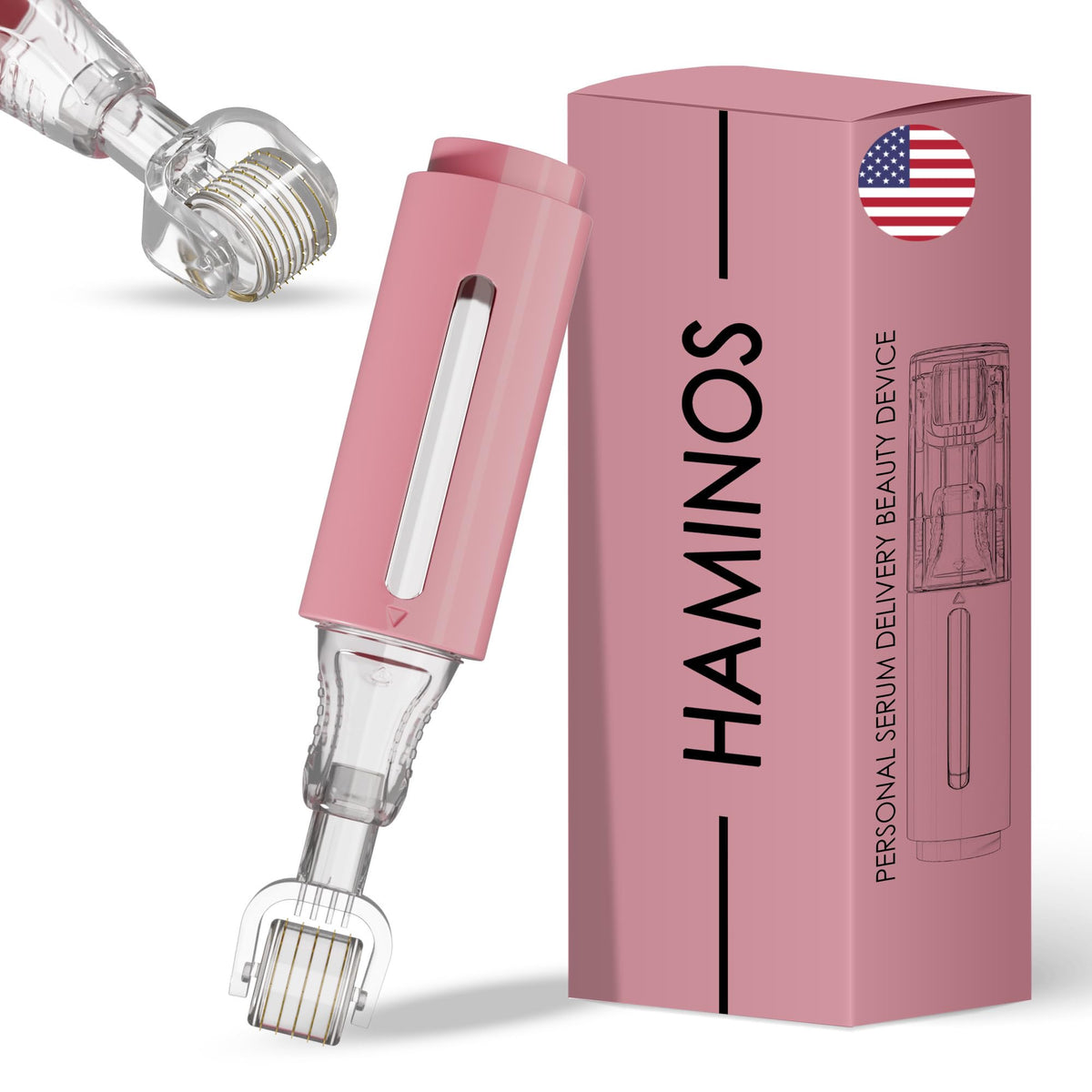 HAMINOS Derma Roller 0.25mm – Reservoir Microneedling Roller with 140 Titanium Needles (Pink)