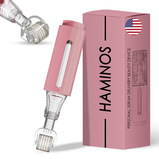 HAMINOS Derma Roller 0.25mm – Reservoir Microneedling Roller with 140 Titanium Needles (Pink)