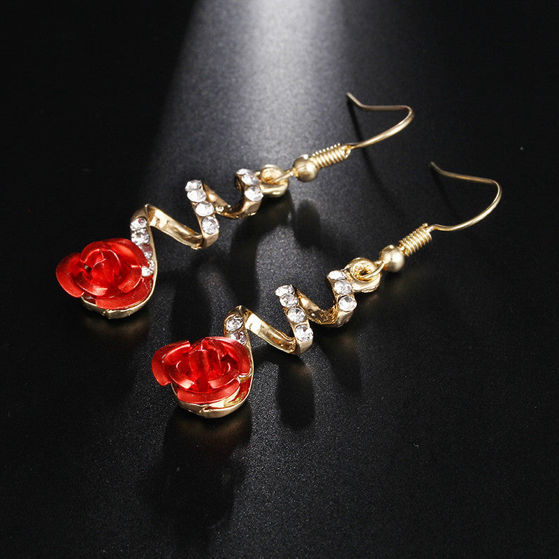 Korean Rose Flower Earrings – Elegant Alloy Floral Drop Earrings for Women | Red