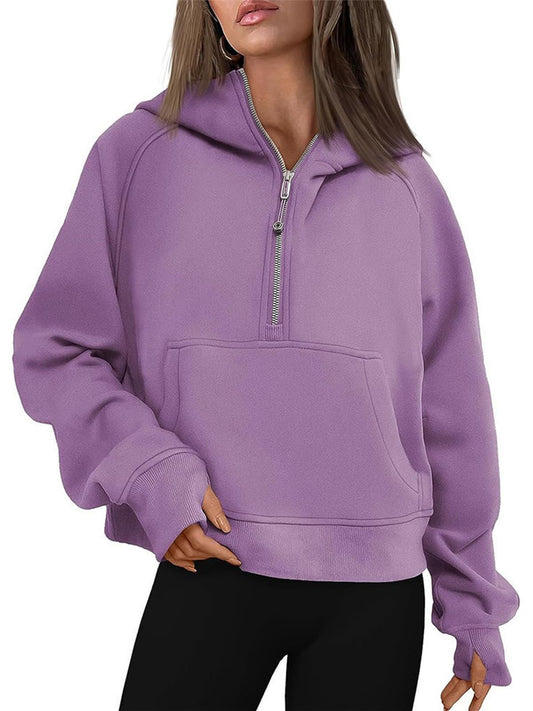 Women’s Scuba Cropped Half-Zip Hoodie – Fleece-Lined Pullover Sweatshirt with Thumb Holes | Relaxed Fit | Purple