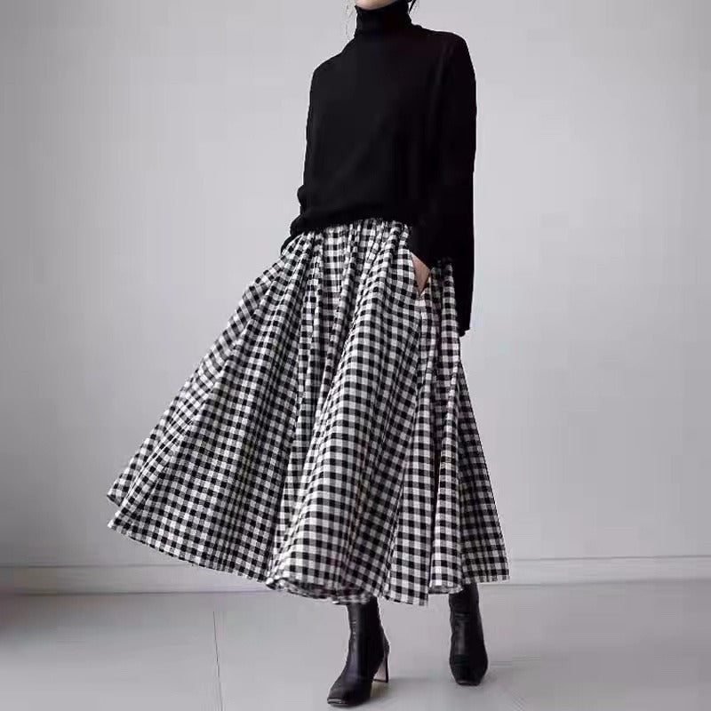 Women’s High Waist Plaid A-Line Long Skirt – Cotton, Figure-Flattering 85cm Length | Black & Red