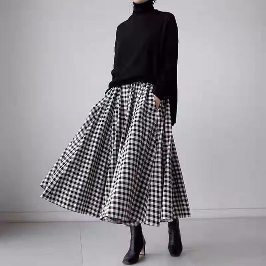 Women’s High Waist Plaid A-Line Long Skirt – Cotton, Figure-Flattering 85cm Length | Black & Red