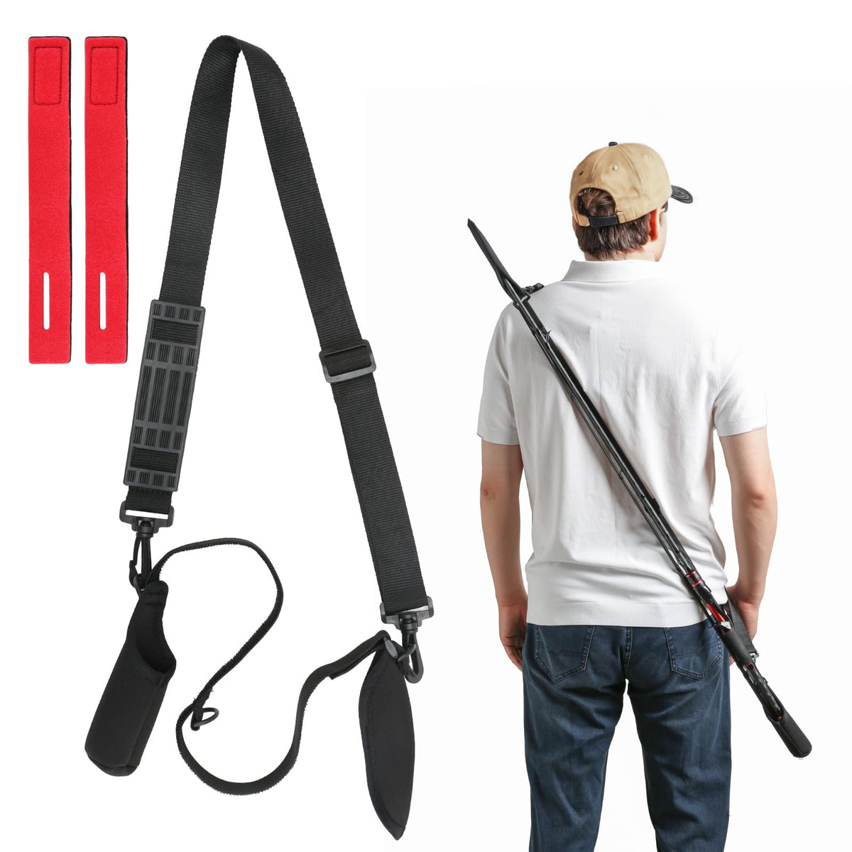 Fishing Rod Carrier Strap & Shoulder Sling – Adjustable Nylon Rod Holder Belt for Rods 30–55 Inches | Includes Rod Tip Protector