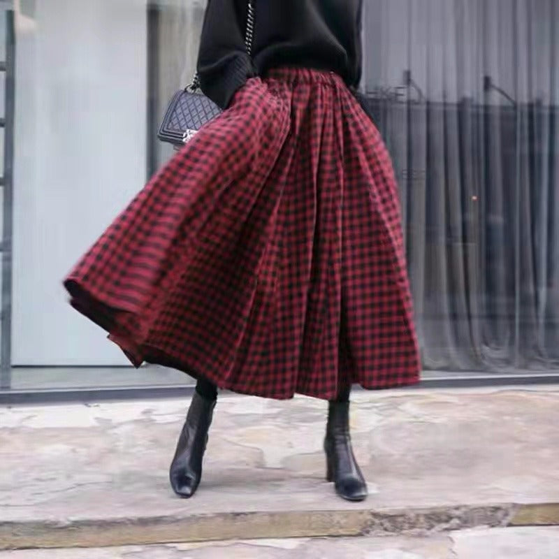 Women’s High Waist Plaid A-Line Long Skirt – Cotton, Figure-Flattering 85cm Length | Black & Red