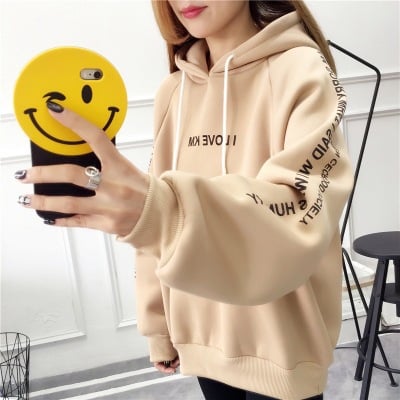 Women’s Velvet Padded Hoodie Jacket – Loose Fit, Long Sleeve, Printed Cotton Sweatshirt (S–XXL)