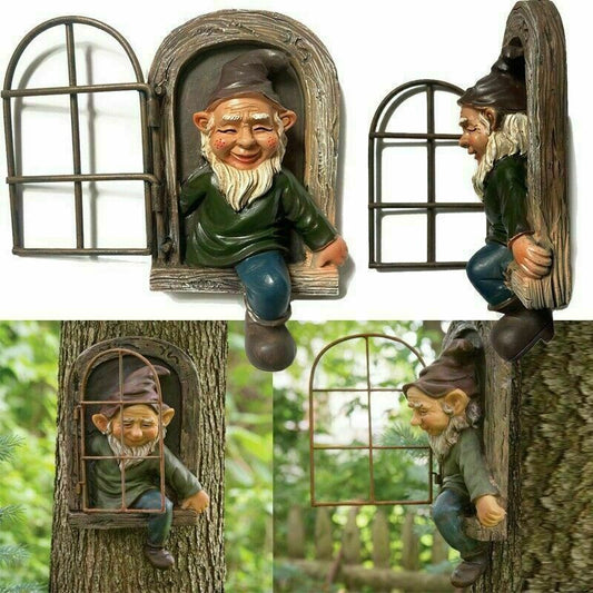 Garden Gnome Window Statue – Naughty Elf Tree Hugger Resin Figurine for Indoor & Outdoor Decor (Male or Female)