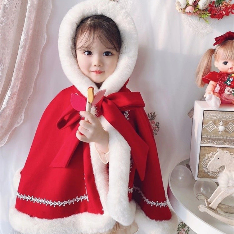 Girls’ Fleece-Lined Cape with Fur Collar – Thickened Winter Shawl Overcoat | Sizes 90–130 | Red