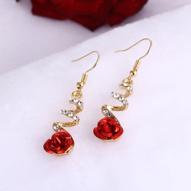 Korean Rose Flower Earrings – Elegant Alloy Floral Drop Earrings for Women | Red