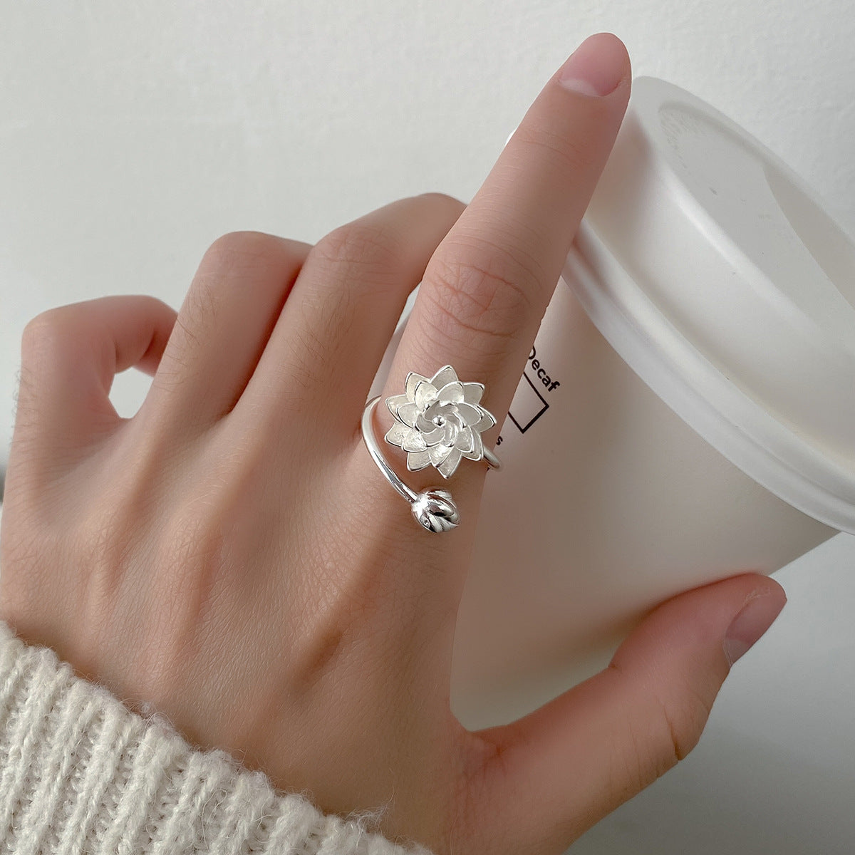 Elegant Adjustable Opening Ring in Pure White Lotus Design
