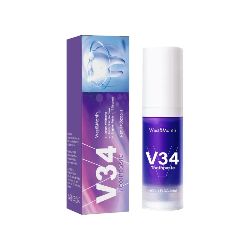 V34 Teeth Whitening Cleaning Mousse – Anti-Yellow, Gum Care & Fresh Breath Foam | 30ml | Solo or Set