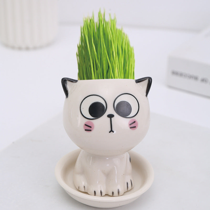 Mini Cat Shaped Ceramic Flowerpot for Desk Decor