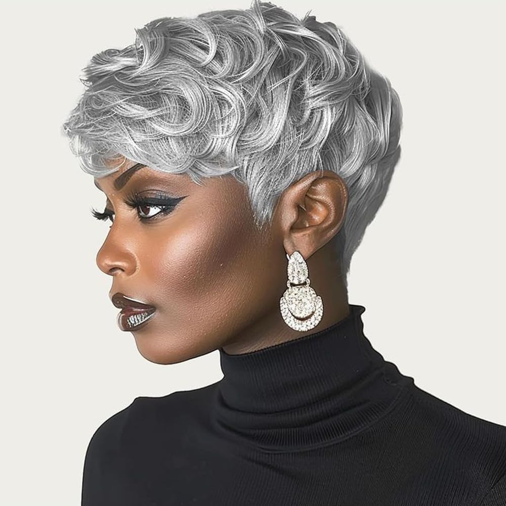 MUJGOO Pixie Cut Wig with Bangs – Short Curly Grey & Black Gradient Wig for Black Women (6 Inch, Put & Go)
