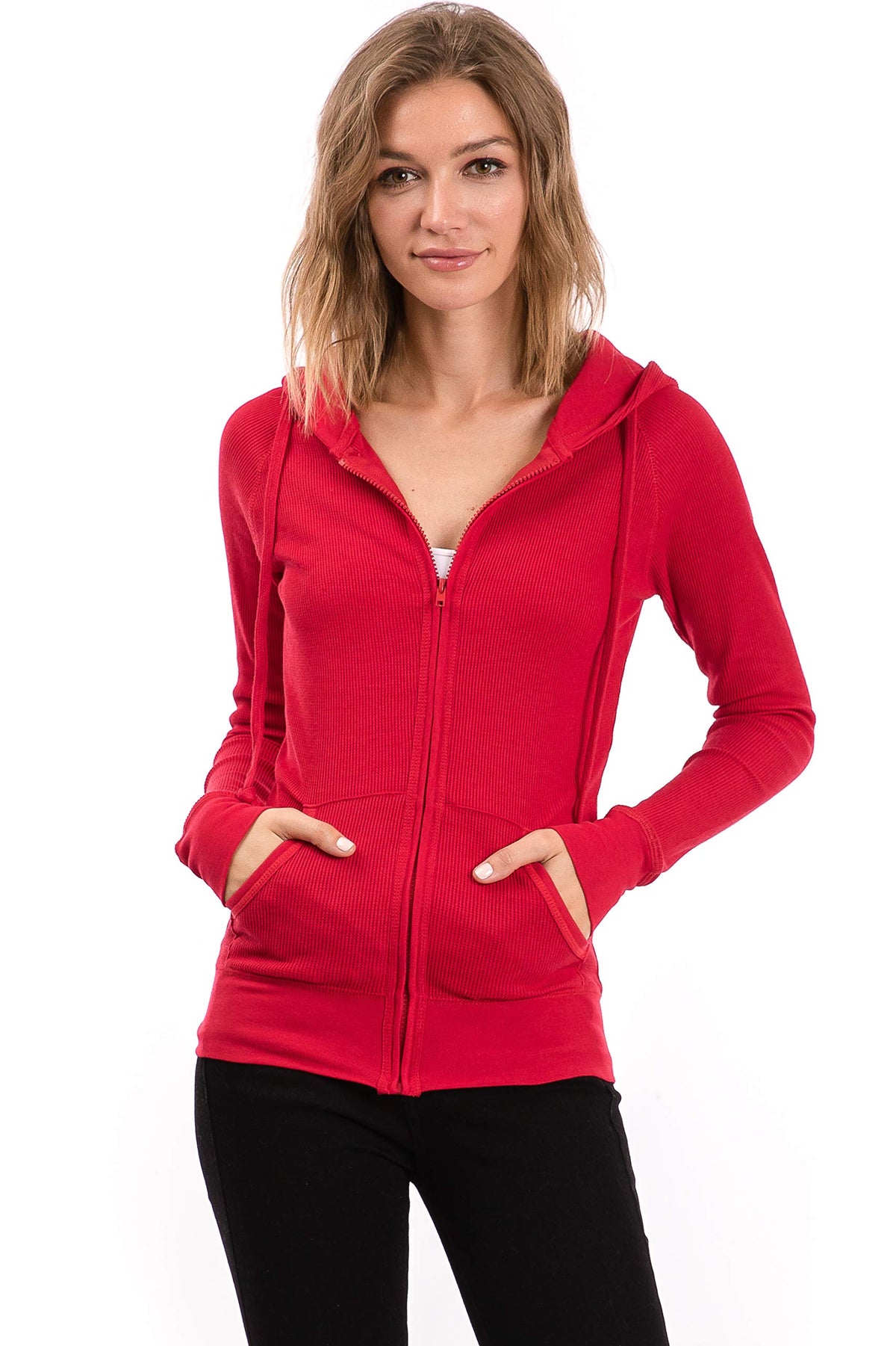 Urban Look Women’s Casual Lightweight Thermal Zip-Up Hoodie – Full Zip with Pockets | S–3X | Red