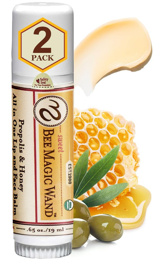 Sweet Bee Naturals Magic Wand - Certified Organic Lip and Face Moisturizing Wand - Natural Chapstick and Balm Wand for Dry Skin and Lips Non Petroleum Jelly for All Ages and Skin Types Pack of 2