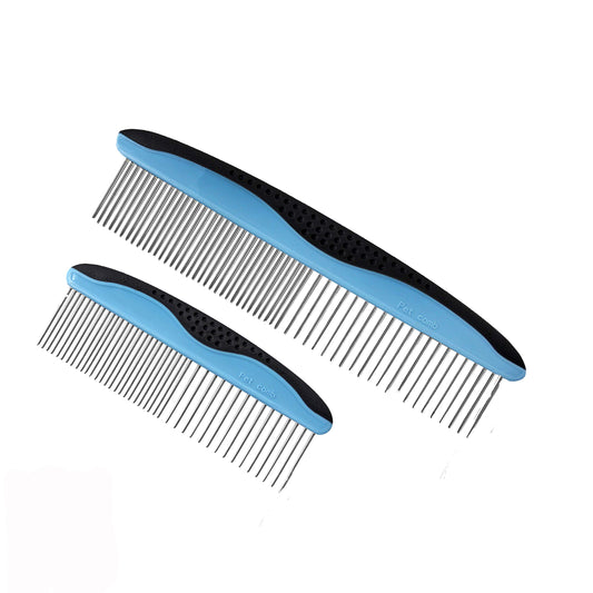 LovinPup Pet Grooming Comb Set – 2-Pack Stainless Steel Detangling Combs for Dogs & Cats | Large & Small | Anti-Slip Comfort Grip