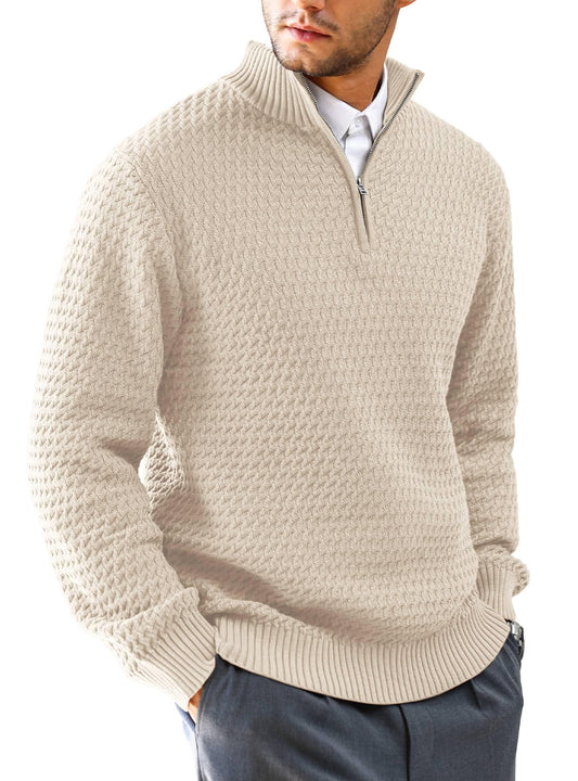 KAVIANA Men’s Quarter Zip Sweater – Mock Neck Ribbed Knit Cotton-Blend Pullover | Casual & Smart Layering | Khaki